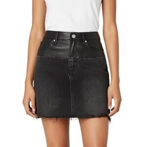 Blank NYC Patchwork Leather Denim High-Rise Mini Skirt Raw Hem Black NWT 28
